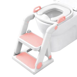 Asiento entrenador para baño infantil con escalera plegable 2 en 1 rosado 🚽👶