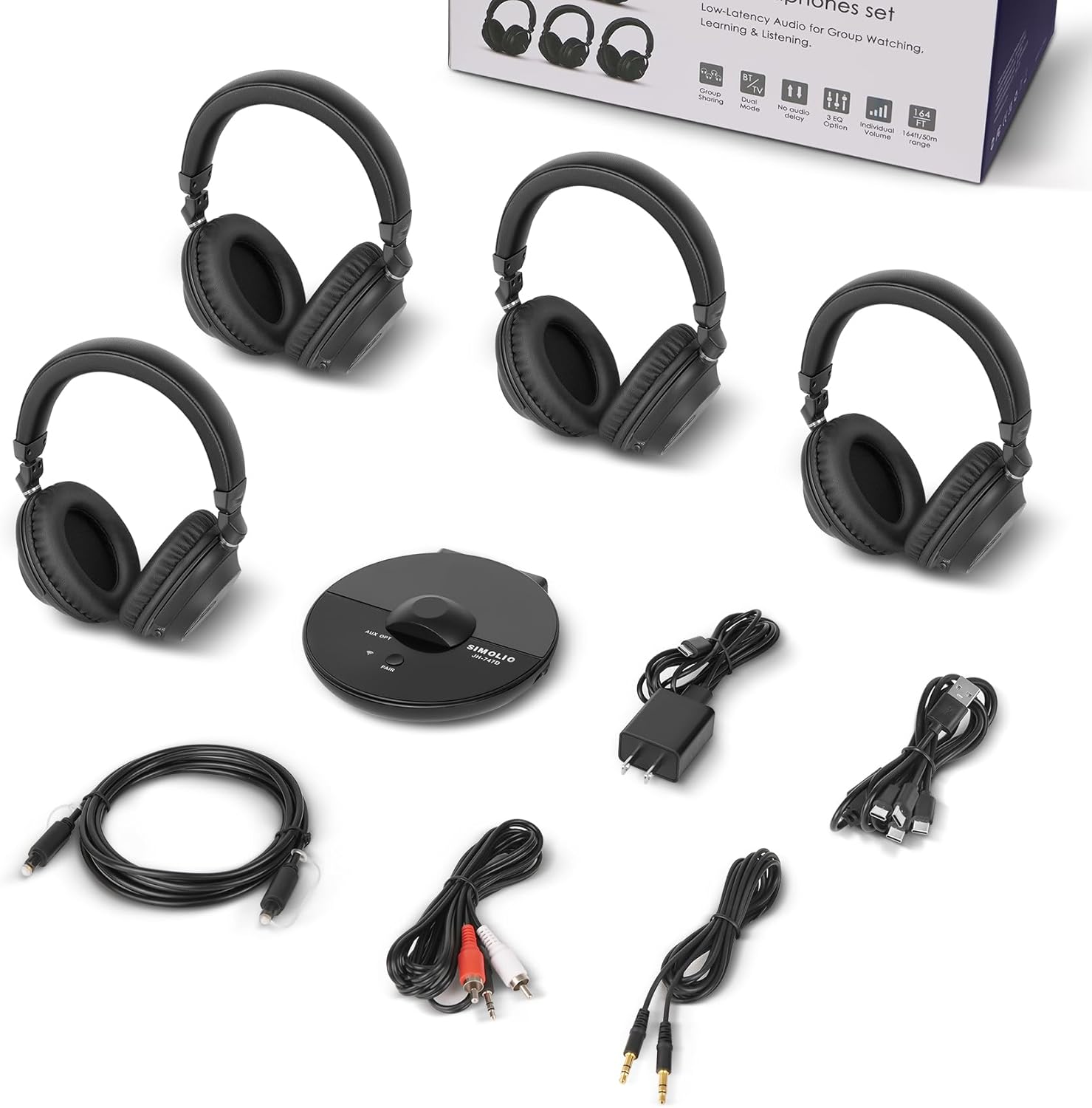 Set de 4 Audífonos Inalámbricos SIMOLIO para TV con Transmisor RF + Bluetooth – Perfecto para Cine en Casa, Iglesia, Campamentos o Grupos 👨👩👧👦🎧📺 - Imagen 3