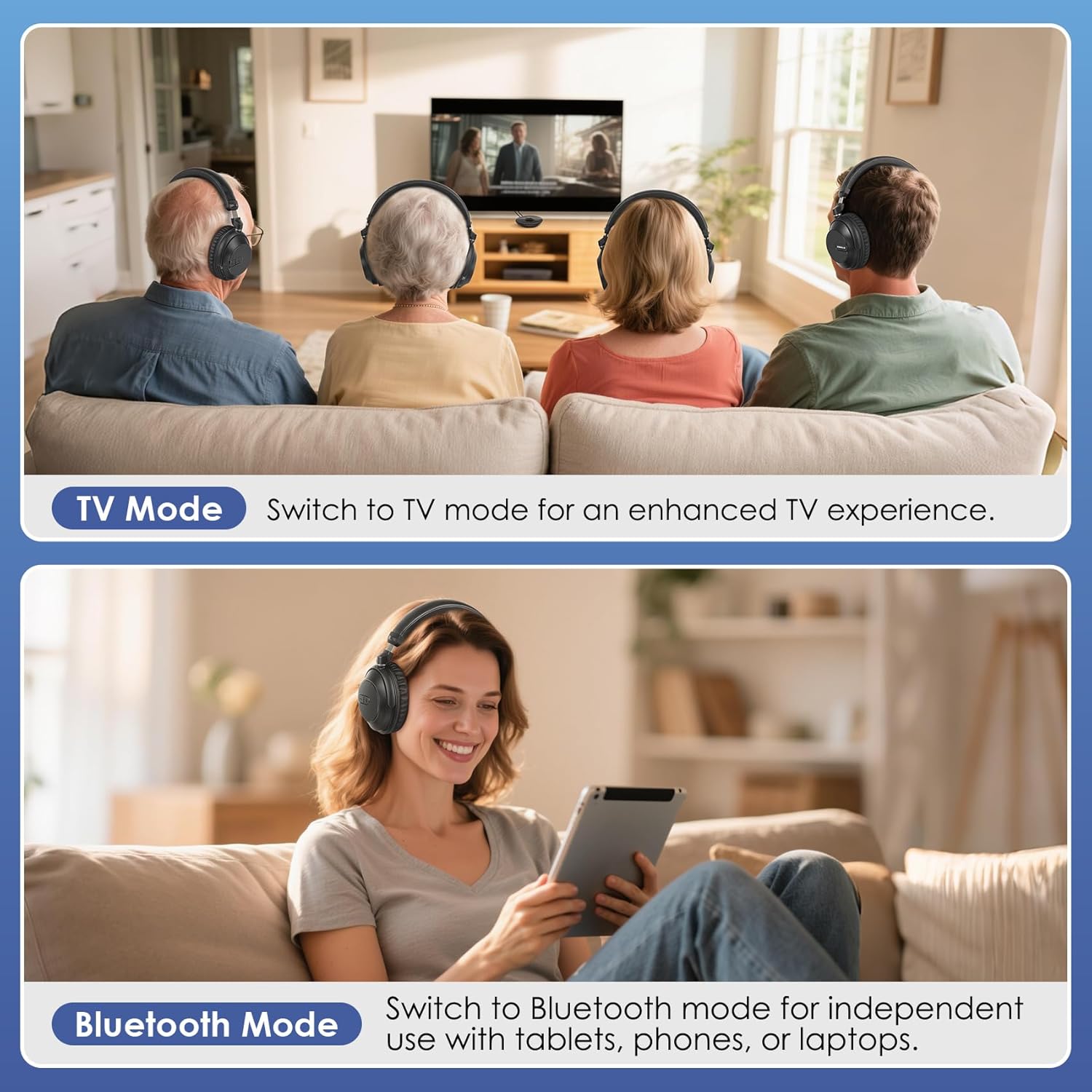 Set de 4 Audífonos Inalámbricos SIMOLIO para TV con Transmisor RF + Bluetooth – Perfecto para Cine en Casa, Iglesia, Campamentos o Grupos 👨👩👧👦🎧📺 - Imagen 5