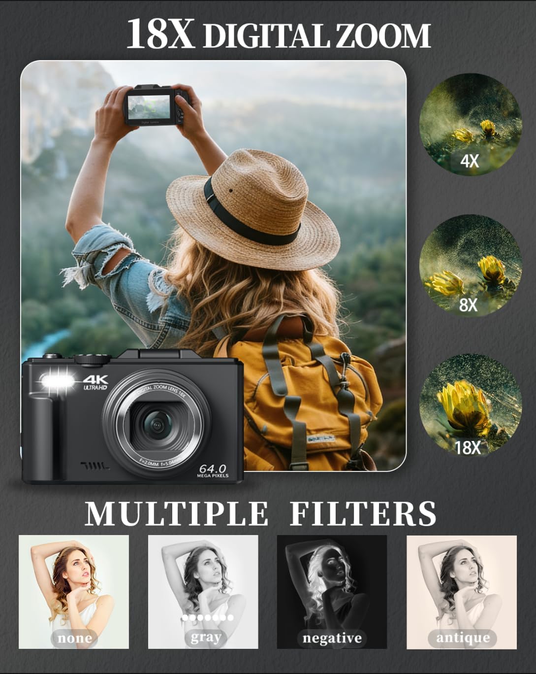 Cámara Digital 4K 64MP con Pantalla Giratoria 180°, WiFi, Zoom 18X y Accesorios para Vlog 📸 - Imagen 6