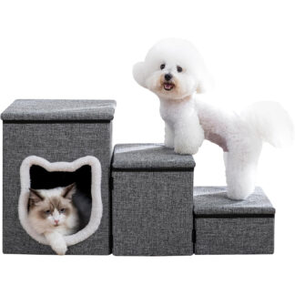 Escaleras para Mascotas 3 en 1 con Almacenaje y Cueva, Antideslizante, Plegable, Gris 🐾