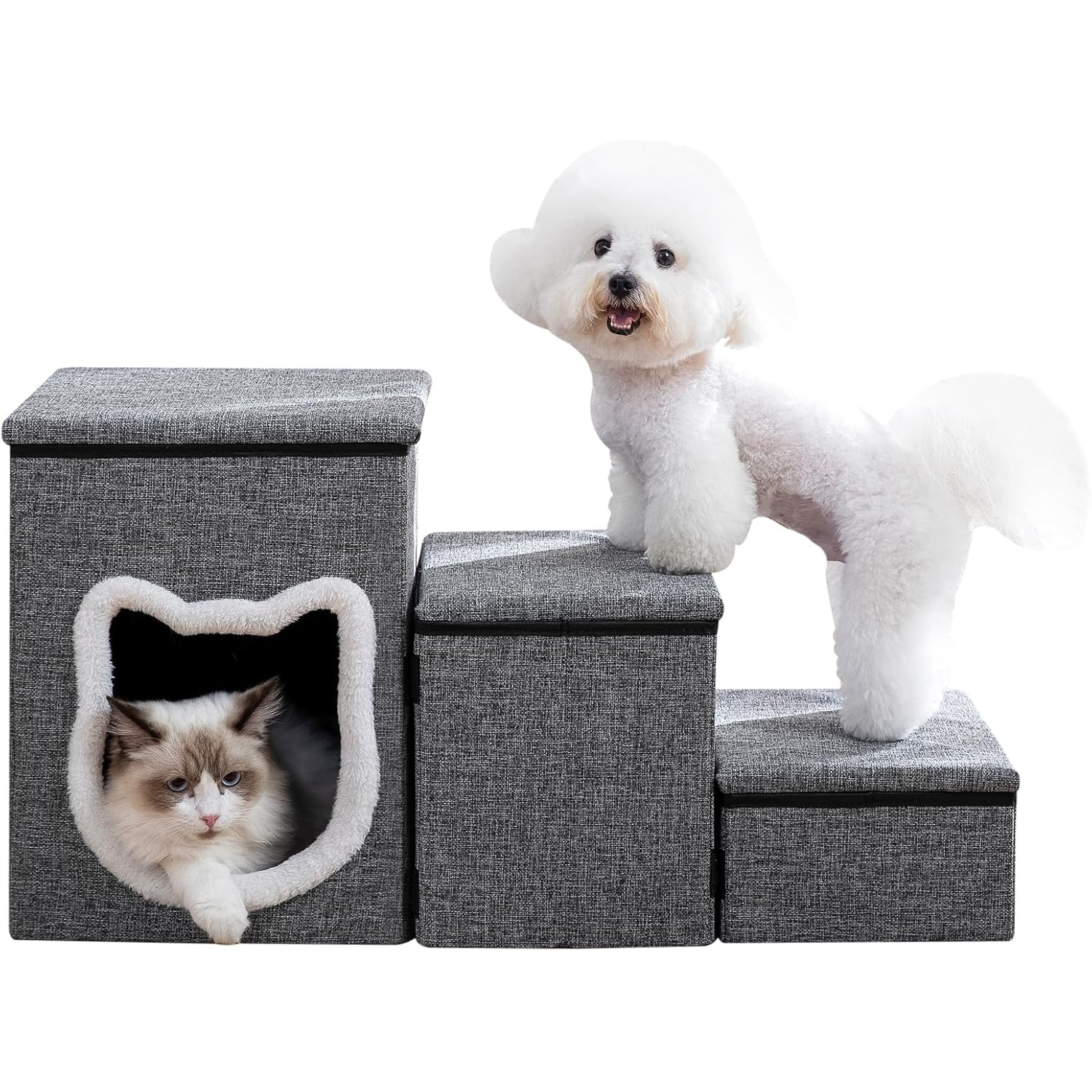 Escaleras para Mascotas 3 en 1 con Almacenaje y Cueva, Antideslizante, Plegable, Gris 🐾