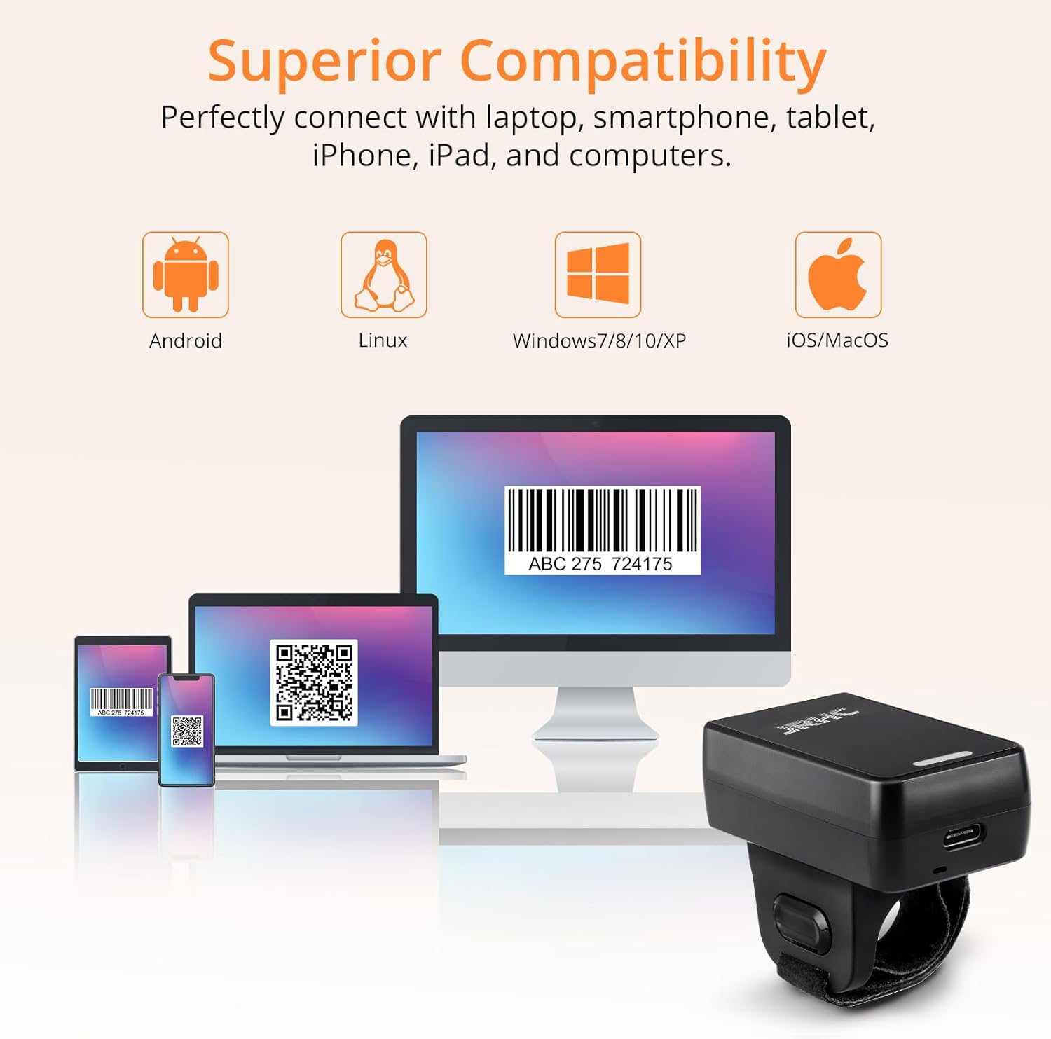 Escáner de Códigos de Barras 1D/2D en Anillo, Bluetooth, USB y 2.4G, Recargable, Portátil, Compatible con PC, Android, iOS, Mac 💻📱 - Imagen 4