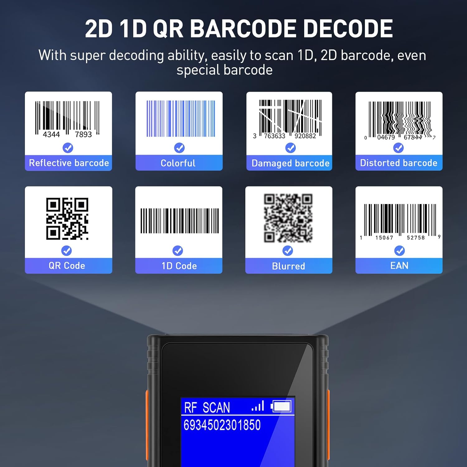 Escáner de Códigos de Barras Inalámbrico 1D/2D con Pantalla LCD 1.77 pulgadas y Receptor USB Plug & Play 📦 - Imagen 6