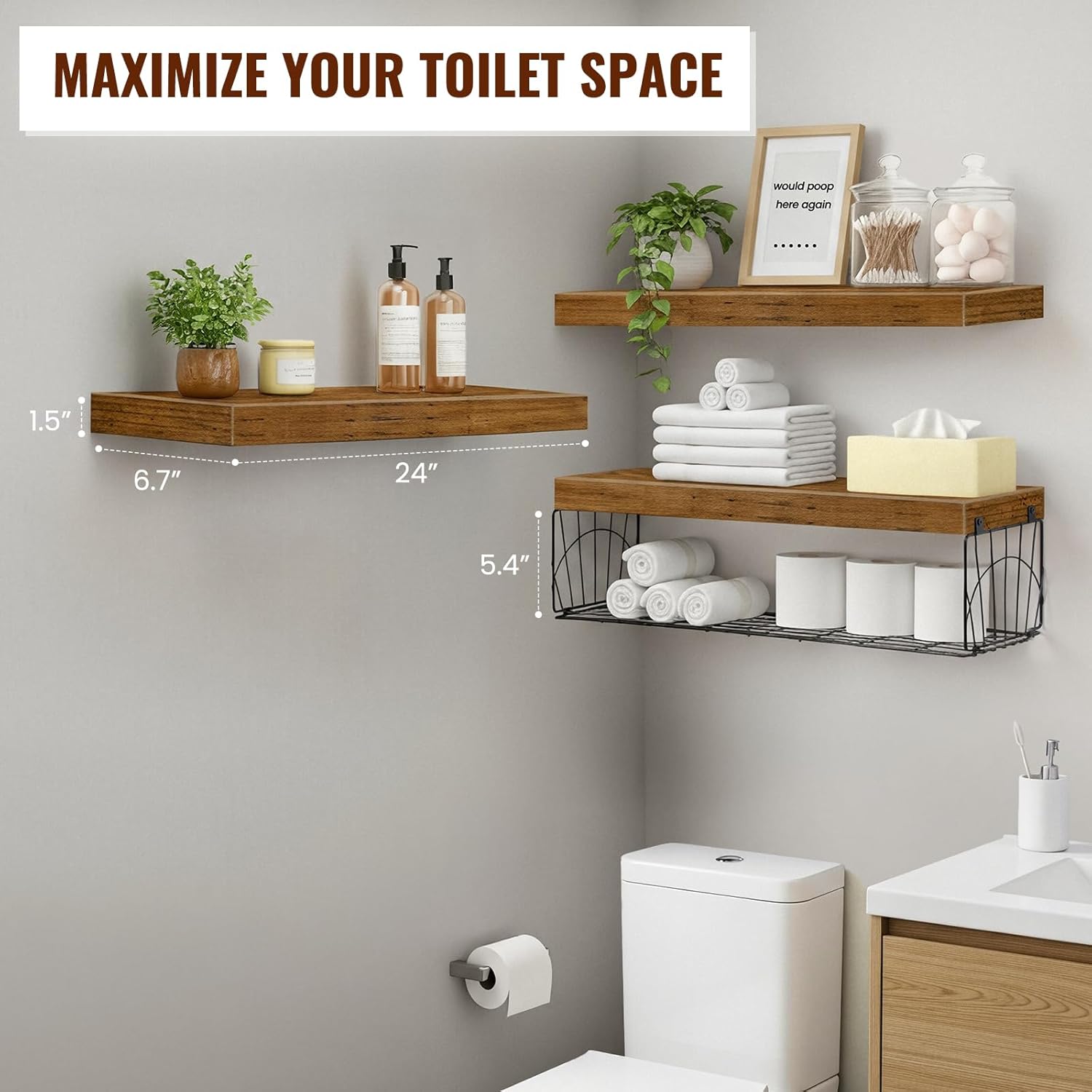 Estantes flotantes rústicos (3 piezas) 🪵 para baño, cocina o sala – 24 pulgadas - Imagen 3