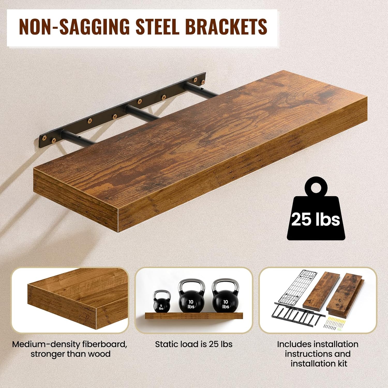 Estantes flotantes rústicos (3 piezas) 🪵 para baño, cocina o sala – 24 pulgadas - Imagen 6