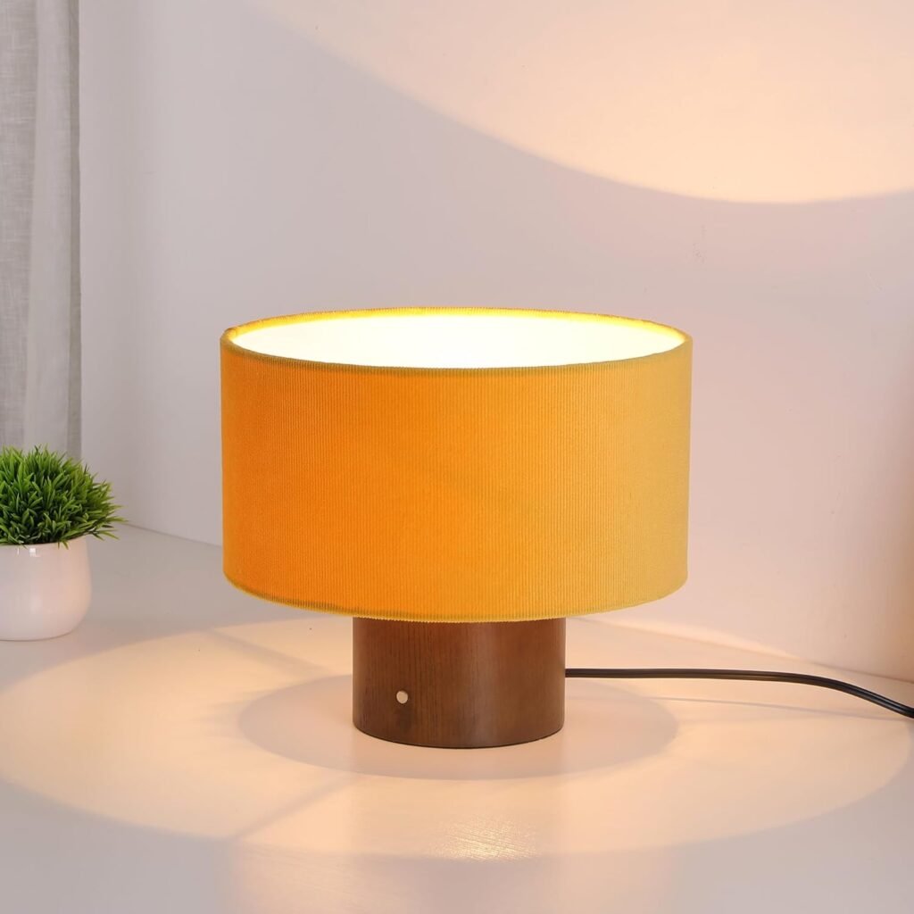 Lámpara de mesa moderna con base de madera y pantalla naranjada 🧡💡