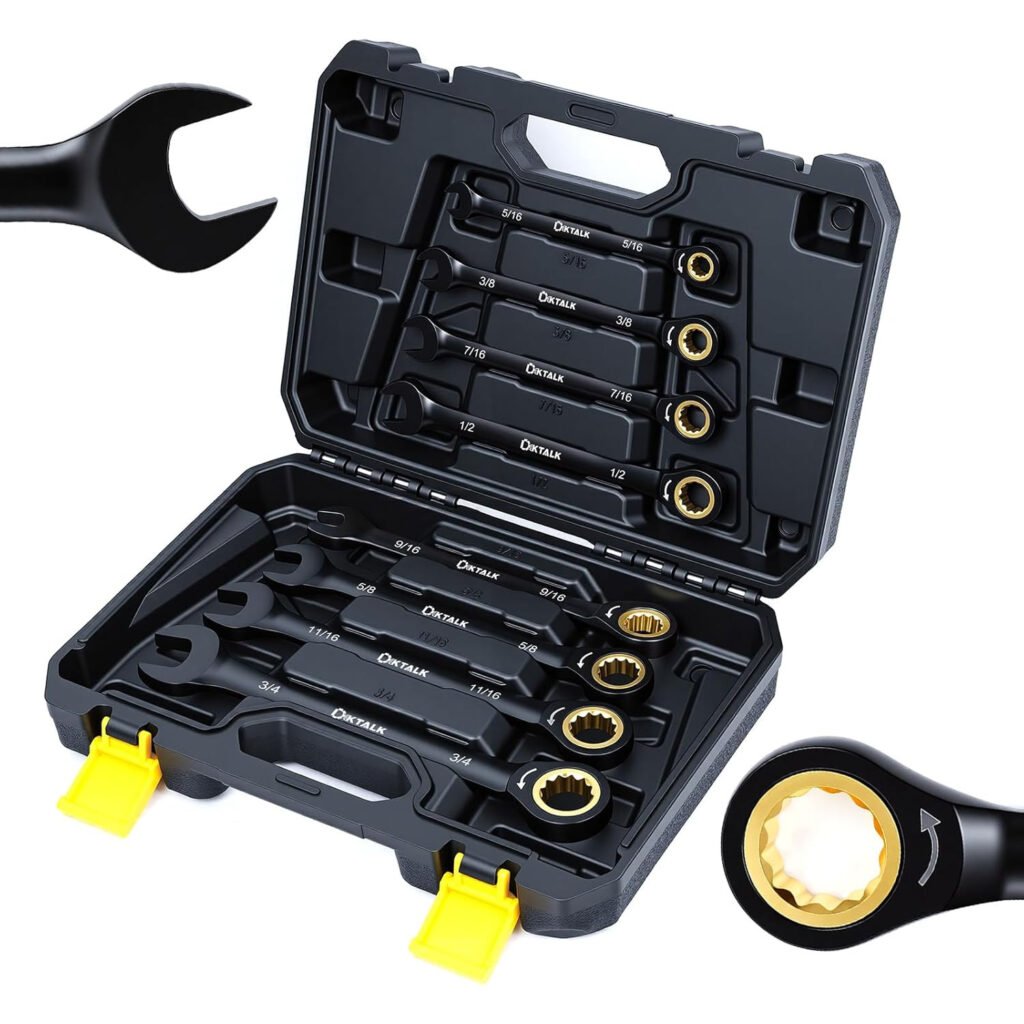 Juego de 8 llaves combinadas de matraca SAE negro y dorado 72 dientes CR-V con estuche 🎁