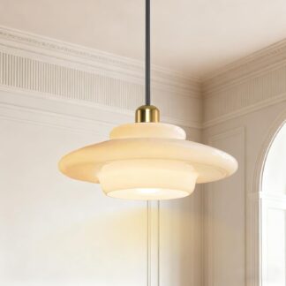 Lámpara colgante estilo mid century con pantalla de vidrio blanco y varilla negra 💡