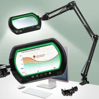 Lámpara lupa con brazo articulado 3 secciones, 12X, luz LED 5 modos, lente grande 13.5x8 cm, clip metálico, USB