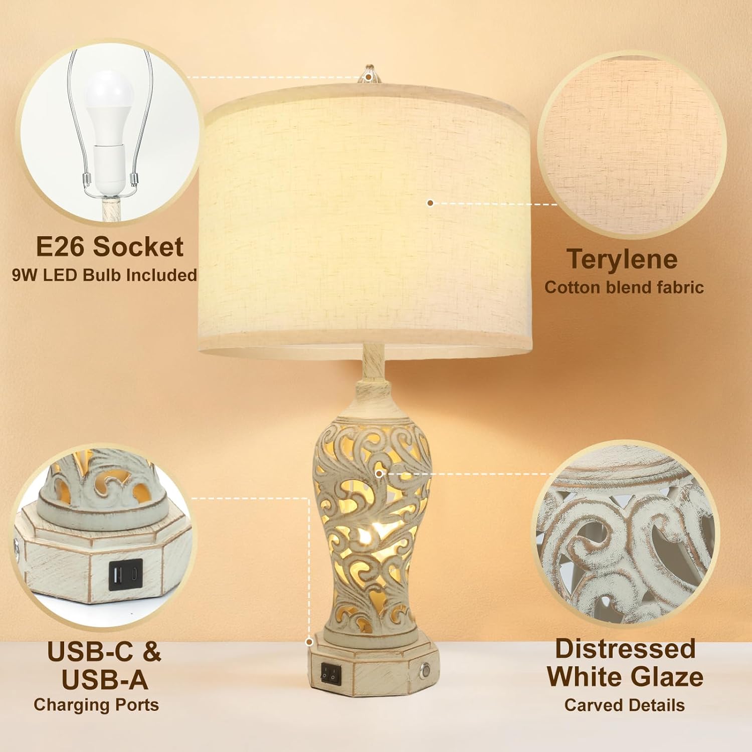 Lámpara de Mesa Estilo Farmhouse con Control Táctil, Regulable y Puertos USB A y C 💡 - Imagen 4