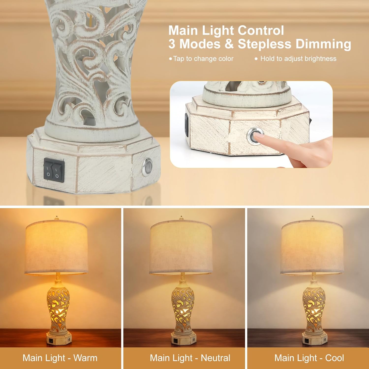 Lámpara de Mesa Estilo Farmhouse con Control Táctil, Regulable y Puertos USB A y C 💡 - Imagen 5