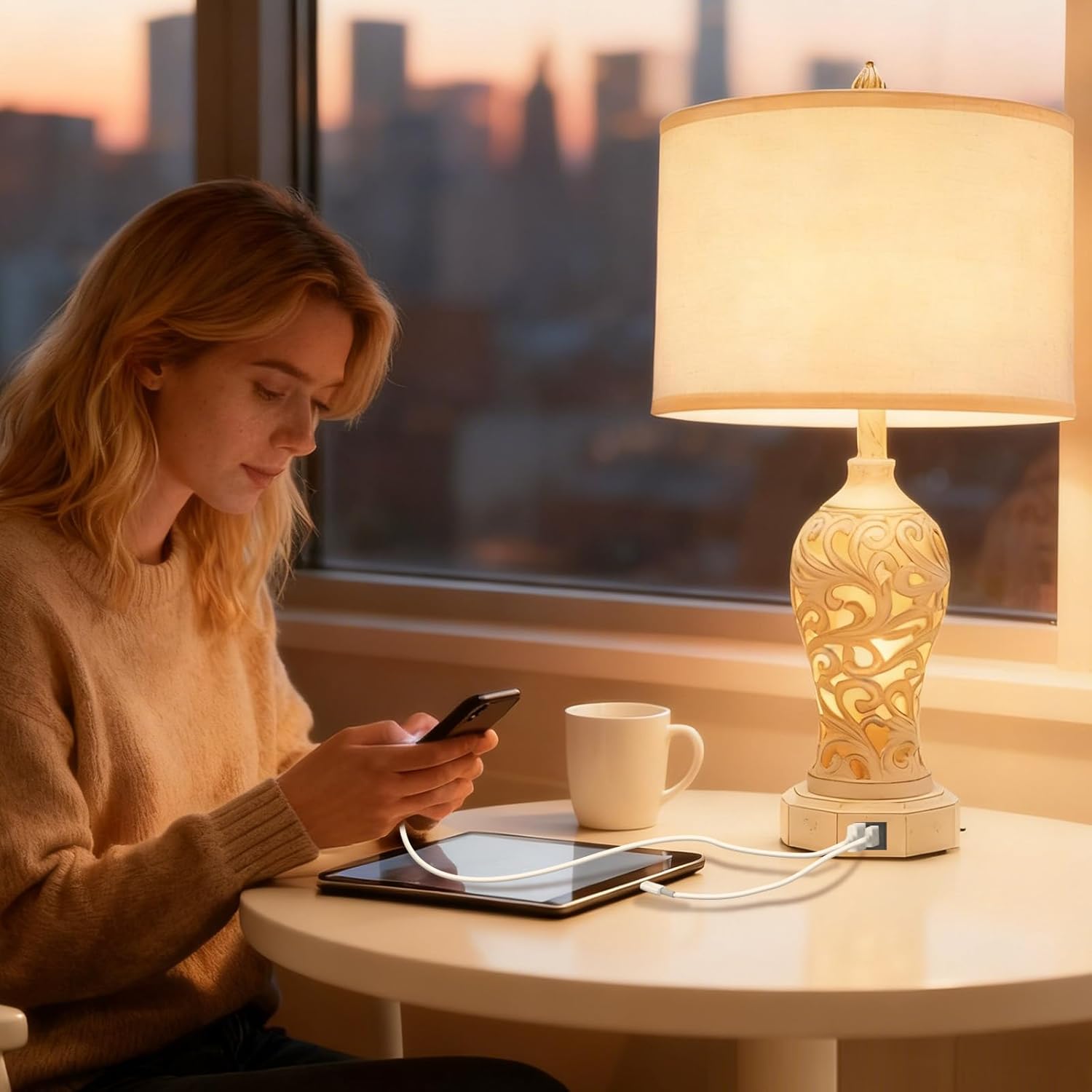 Lámpara de Mesa Estilo Farmhouse con Control Táctil, Regulable y Puertos USB A y C 💡 - Imagen 6