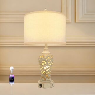 Lámpara de Mesa Estilo Farmhouse con Control Táctil, Regulable y Puertos USB A y C 💡