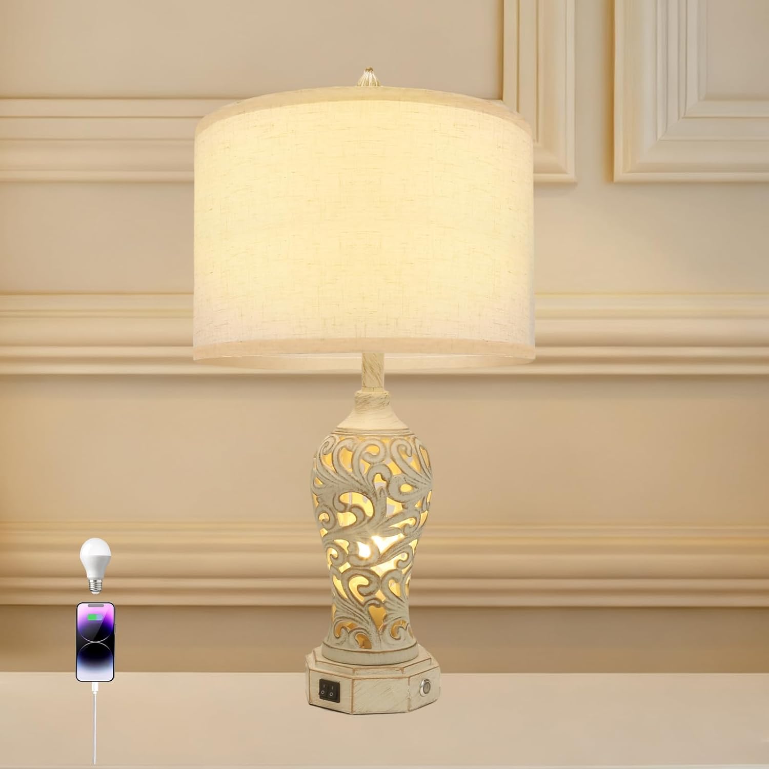 Lámpara de Mesa Estilo Farmhouse con Control Táctil, Regulable y Puertos USB A y C 💡