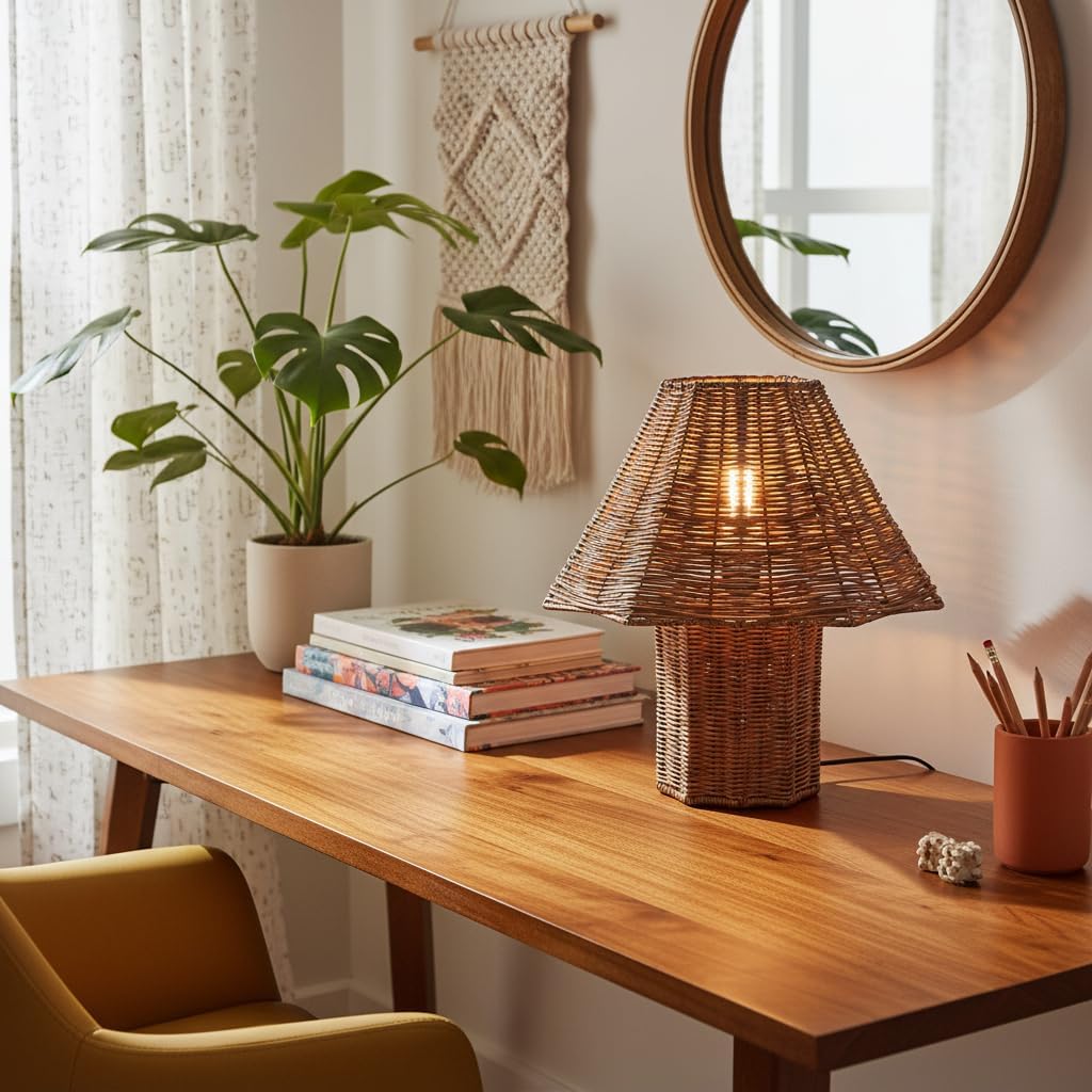 Lámpara de mesa rattan boho 13 pulgadas con bombilla LED cálida incluida 🌿 - Imagen 8