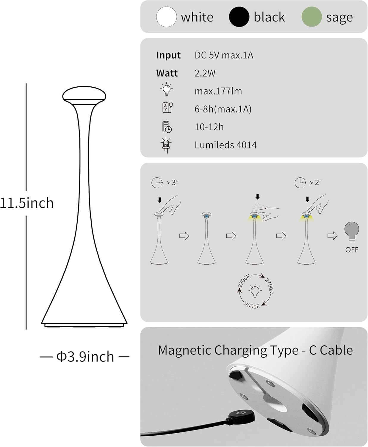 Lámpara de mesa retro recargable con base magnética, 3 tonos y dimmer ✨💡 - Imagen 4