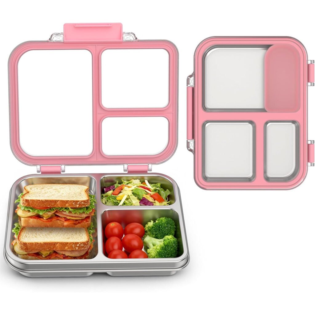 Lonchera tipo bento de acero inoxidable con 3 compartimentos y sello de silicona rosada 🍱
