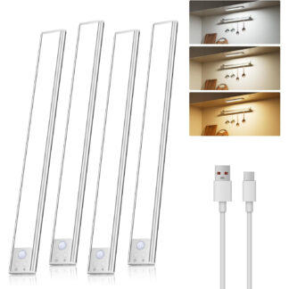Luces LED Bajo Gabinete Recargables con Sensor de Movimiento, 4 Piezas, Blanco, 3 Tonos, USB-C, Fácil Instalación