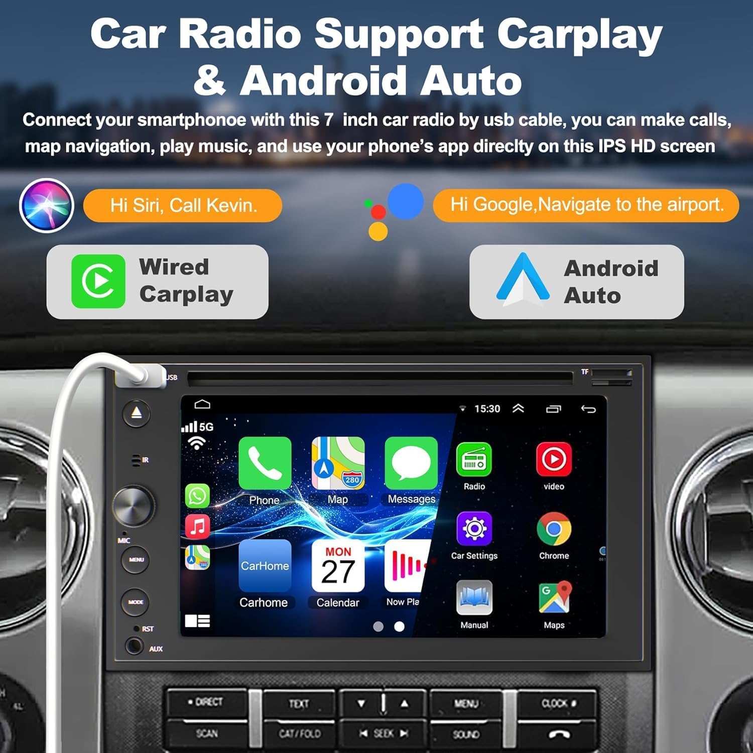 Pantalla CarPlay Android Auto 7” con CD/DVD, Bluetooth 5.2 y Cámara de Reversa - Imagen 3