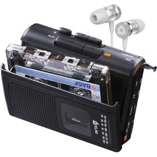 Reproductor y Grabadora de Cassettes Portátil con Audífonos, Radio AM/FM, Micrófono y Bocina Integrada, Funciona con Pilas o Adaptador, Negro