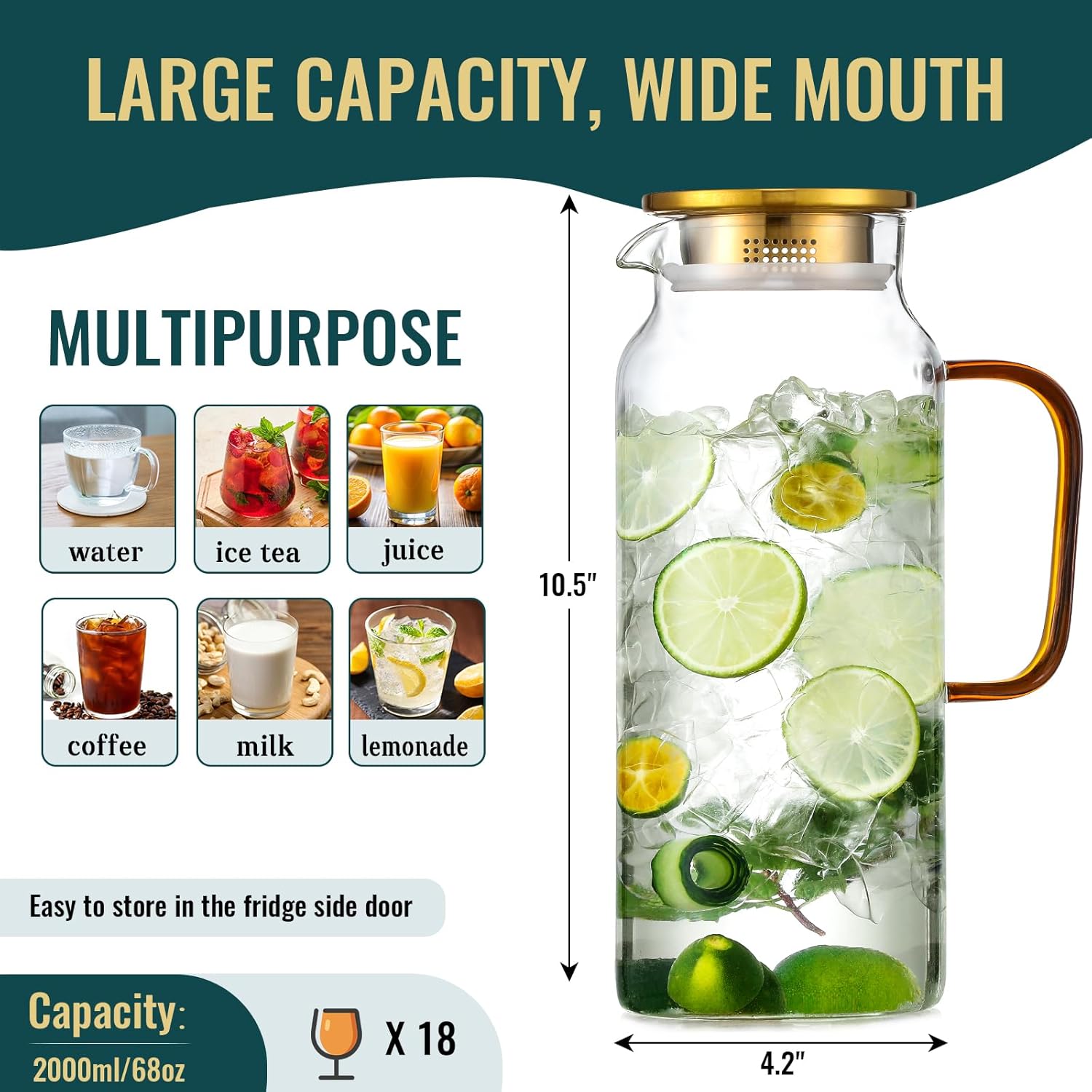 Set de 2 jarras de vidrio borosilicato de 2 litros con tapa y asa - Imagen 6