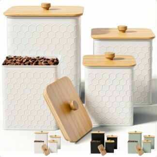 Set de 4 frascos de cocina blancos con tapa hermética de bambú y diseño panal 🐝