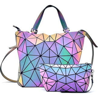 Set de bolso cruzado geométrico luminoso y organizador de maquillaje reflectante, diseño holográfico, multifunción, seguridad nocturna, capacidad amplia ✨
