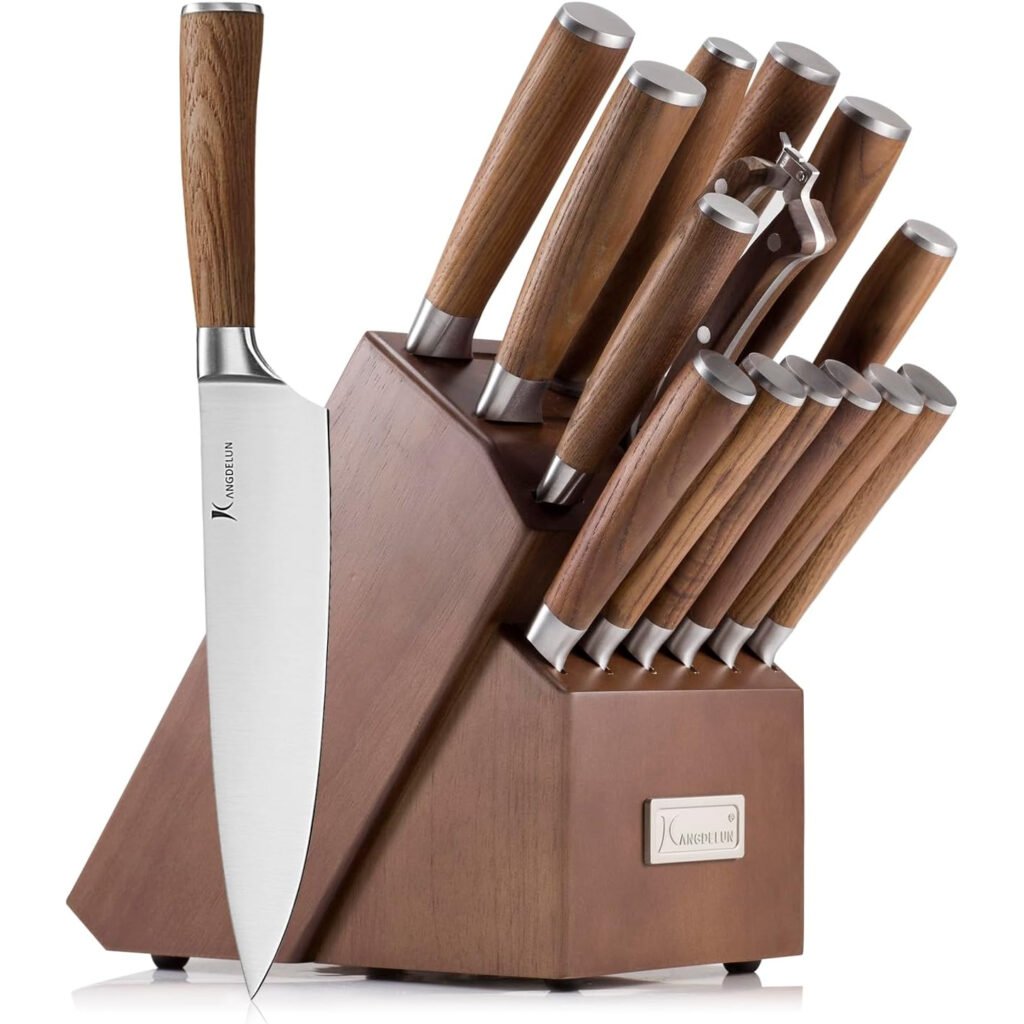 Set de cuchillos de cocina 15 piezas con bloque de madera y afilador 🍽️ Acero inoxidable alta dureza y mangos de madera natural