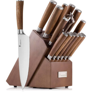 Set de cuchillos de cocina 15 piezas con bloque de madera y afilador 🍽️ Acero inoxidable alta dureza y mangos de madera natural