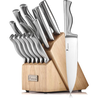 Set de cuchillos de cocina 15 piezas con mango antideslizante y bloque de madera 🍴 Ultra afilados de acero inoxidable