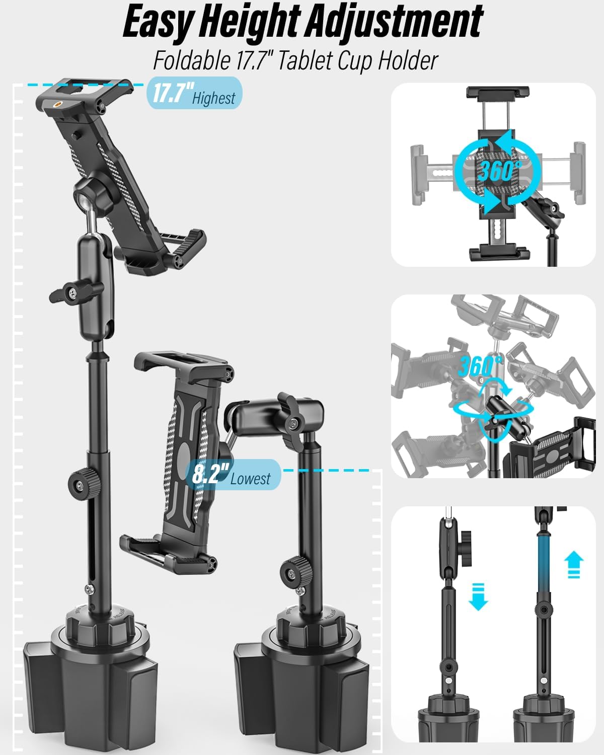 Soporte para Tablet en Portavaso de Carro (Altura Ajustable 16") - Imagen 2