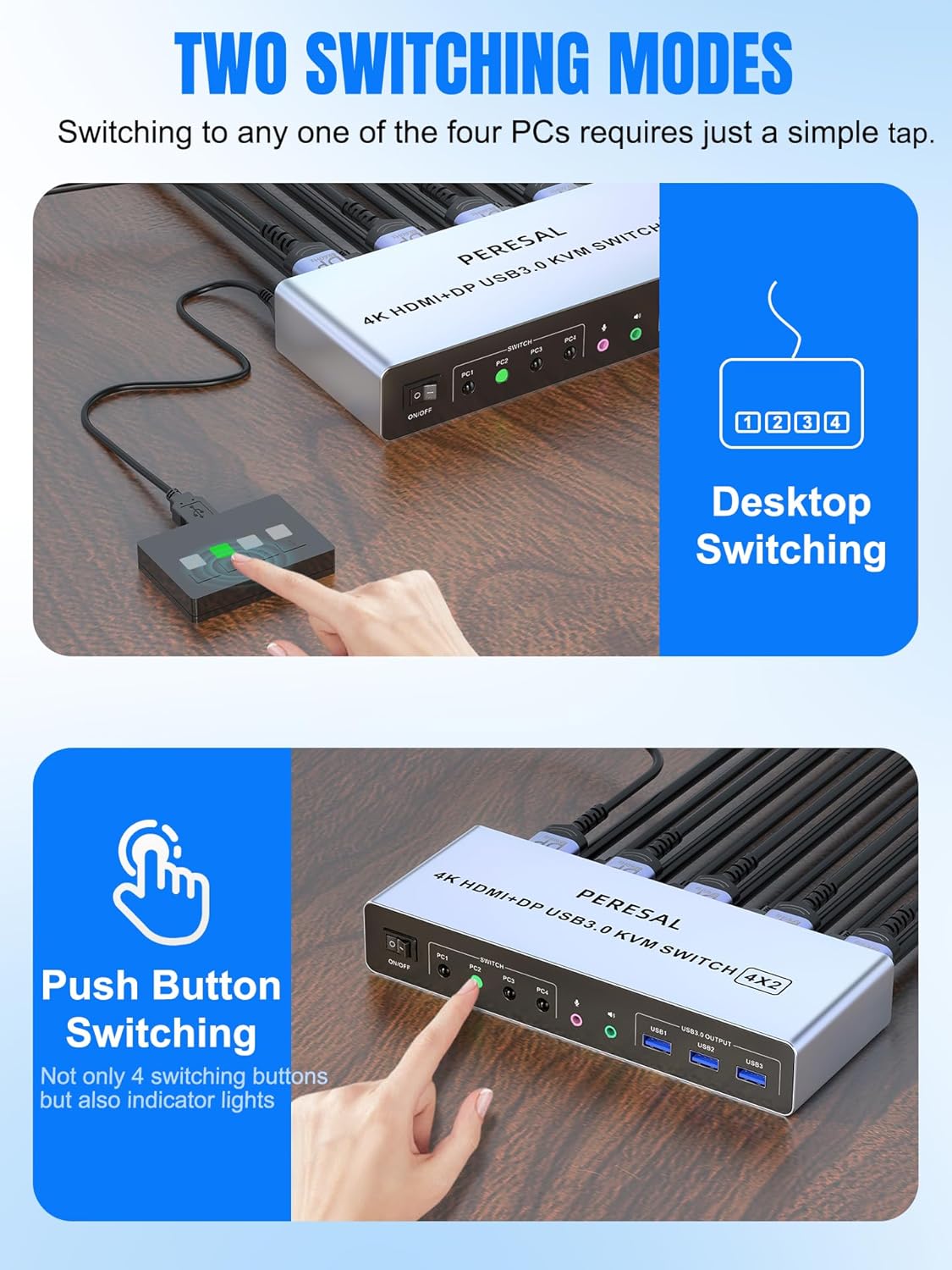 Switch KVM PERESAL 4x2 HDMI + DP con 3 USB 3.0 y soporte 4K 🎮🖥️⚡ - Imagen 4