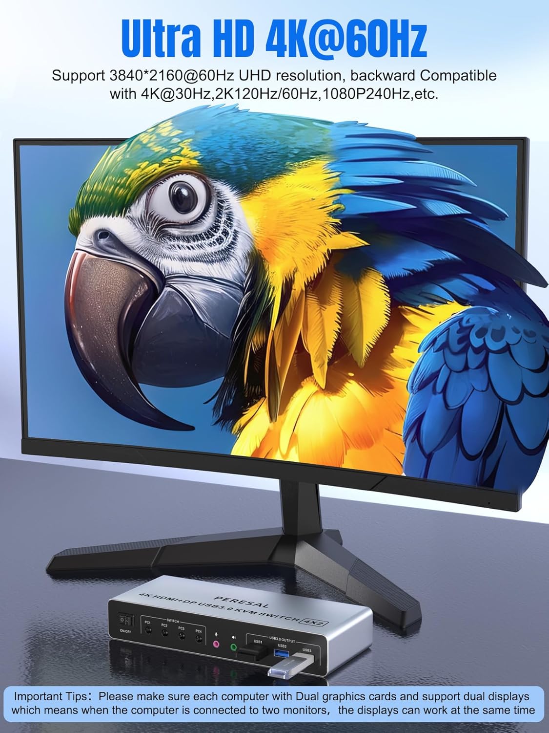 Switch KVM PERESAL 4x2 HDMI + DP con 3 USB 3.0 y soporte 4K 🎮🖥️⚡ - Imagen 6