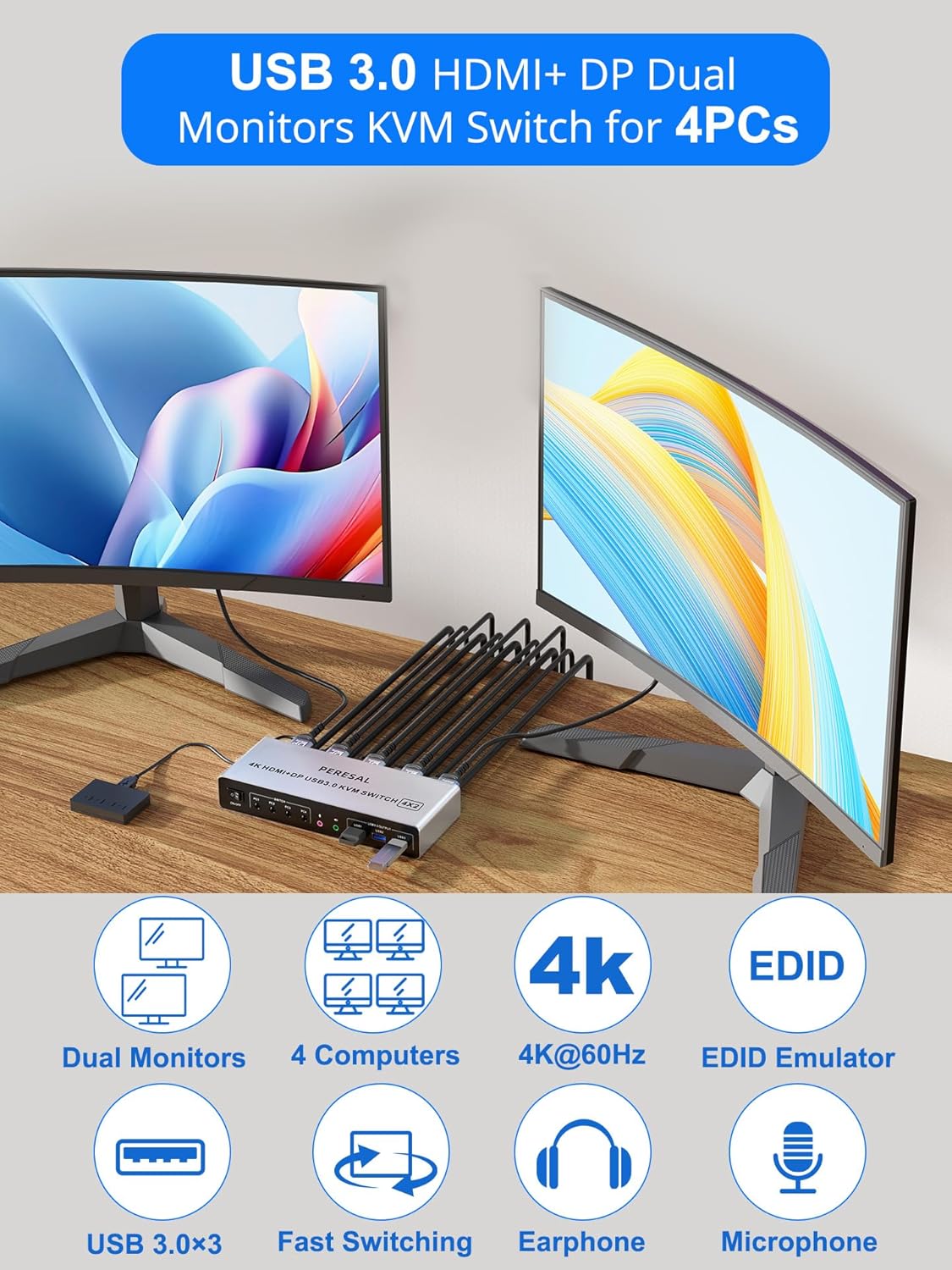 Switch KVM PERESAL 4x2 HDMI + DP con 3 USB 3.0 y soporte 4K 🎮🖥️⚡ - Imagen 8