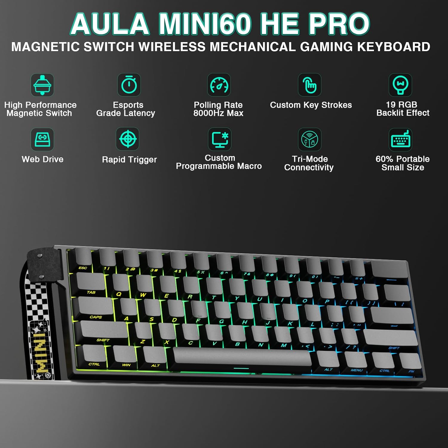 Teclado mecánico inalámbrico Aula Mini60 HE Pro RGB 60% 🎮🧠 - Imagen 3