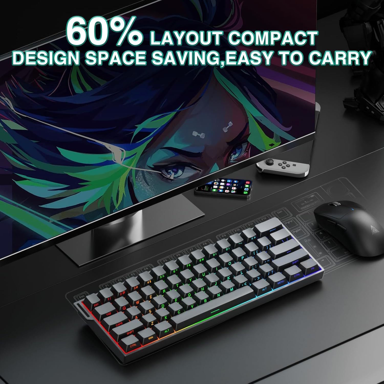 Teclado mecánico inalámbrico Aula Mini60 HE Pro RGB 60% 🎮🧠 - Imagen 6