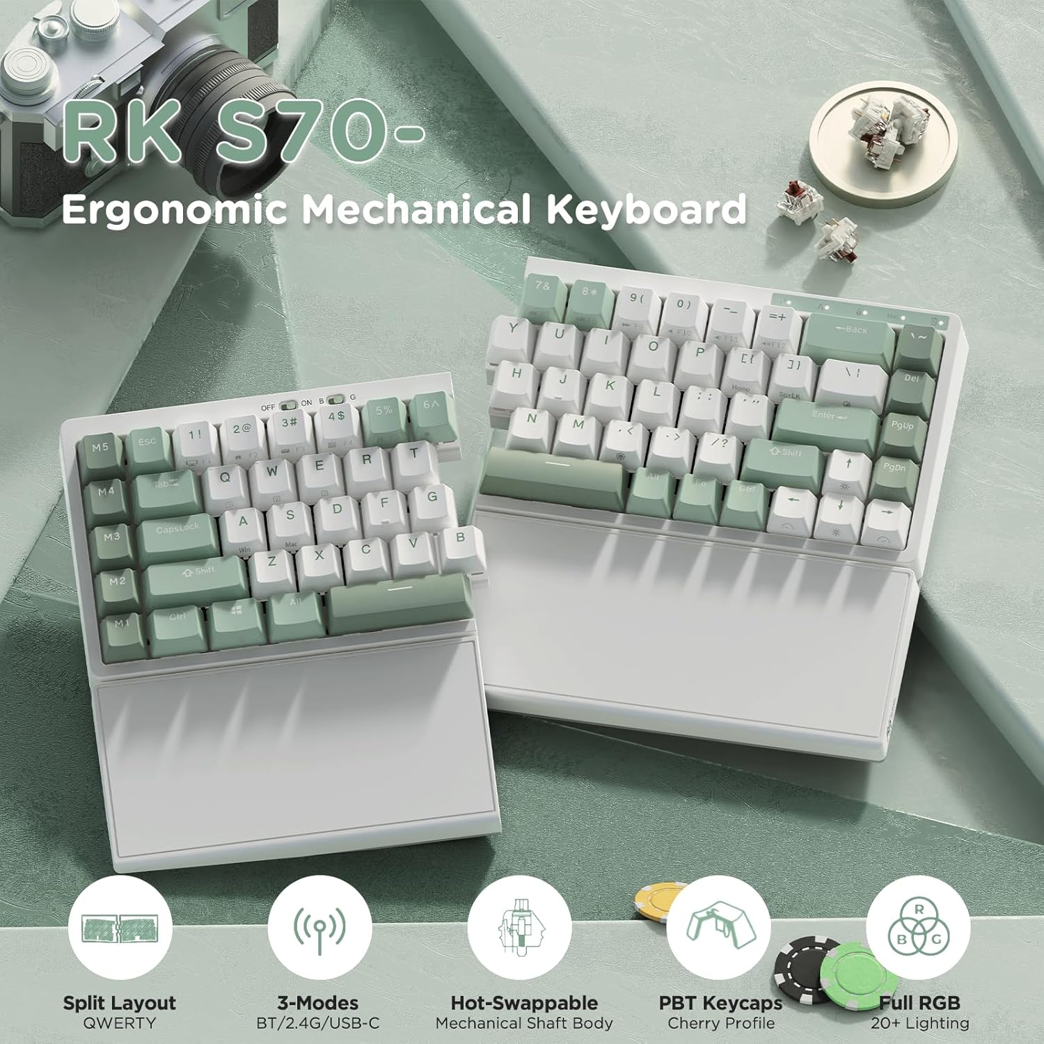 Teclado Mecánico Ergonómico Dividido RKS70 75% RGB Inalámbrico/Bluetooth/USB-C con Reposa Muñecas y Macros ⚡ - Imagen 2