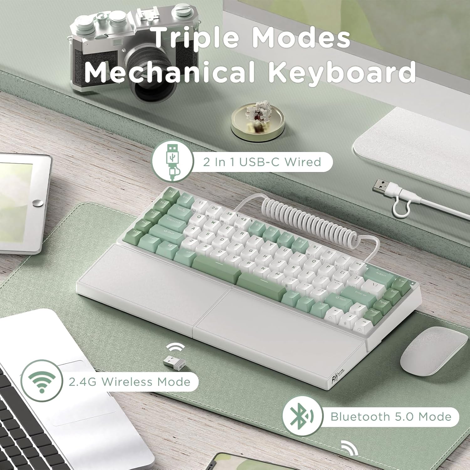 Teclado Mecánico Ergonómico Dividido RKS70 75% RGB Inalámbrico/Bluetooth/USB-C con Reposa Muñecas y Macros ⚡ - Imagen 3