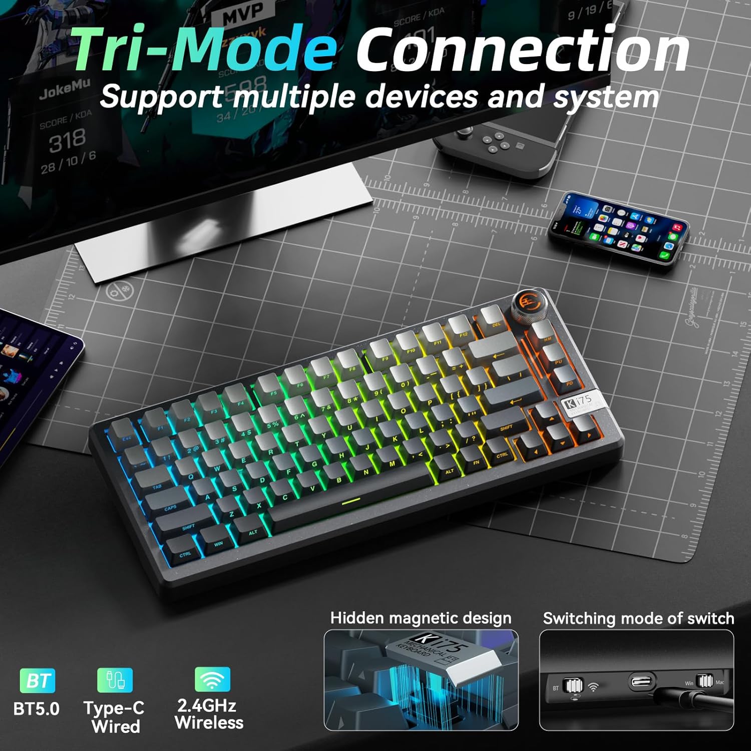 Teclado Mecánico Inalámbrico 75% KI75 con RGB, Knob y Hot-Swap 🔥⌨️ - Imagen 4
