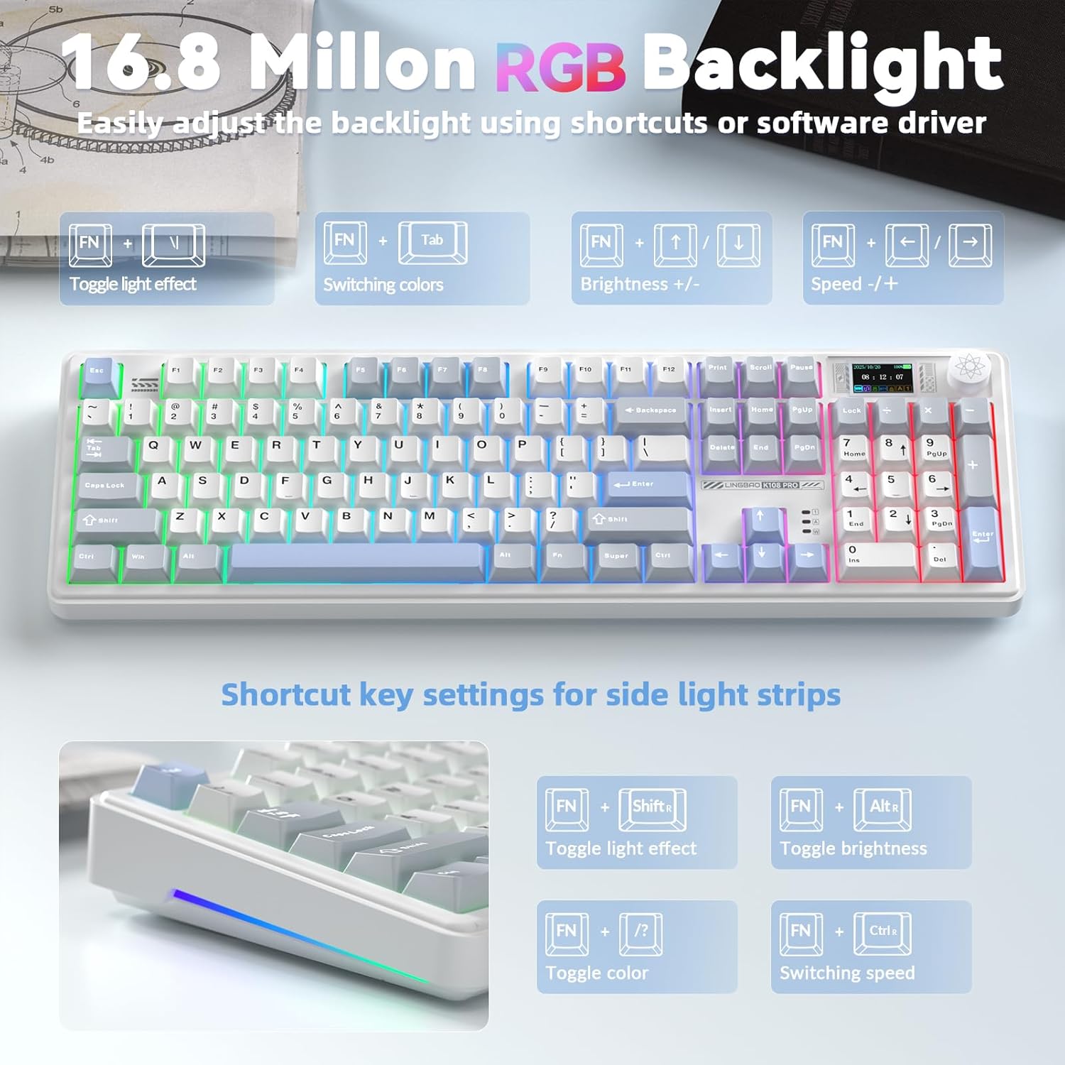 Teclado mecánico inalámbrico K108 Pro con pantalla y perilla RGB 🌈⌨️ - Imagen 3