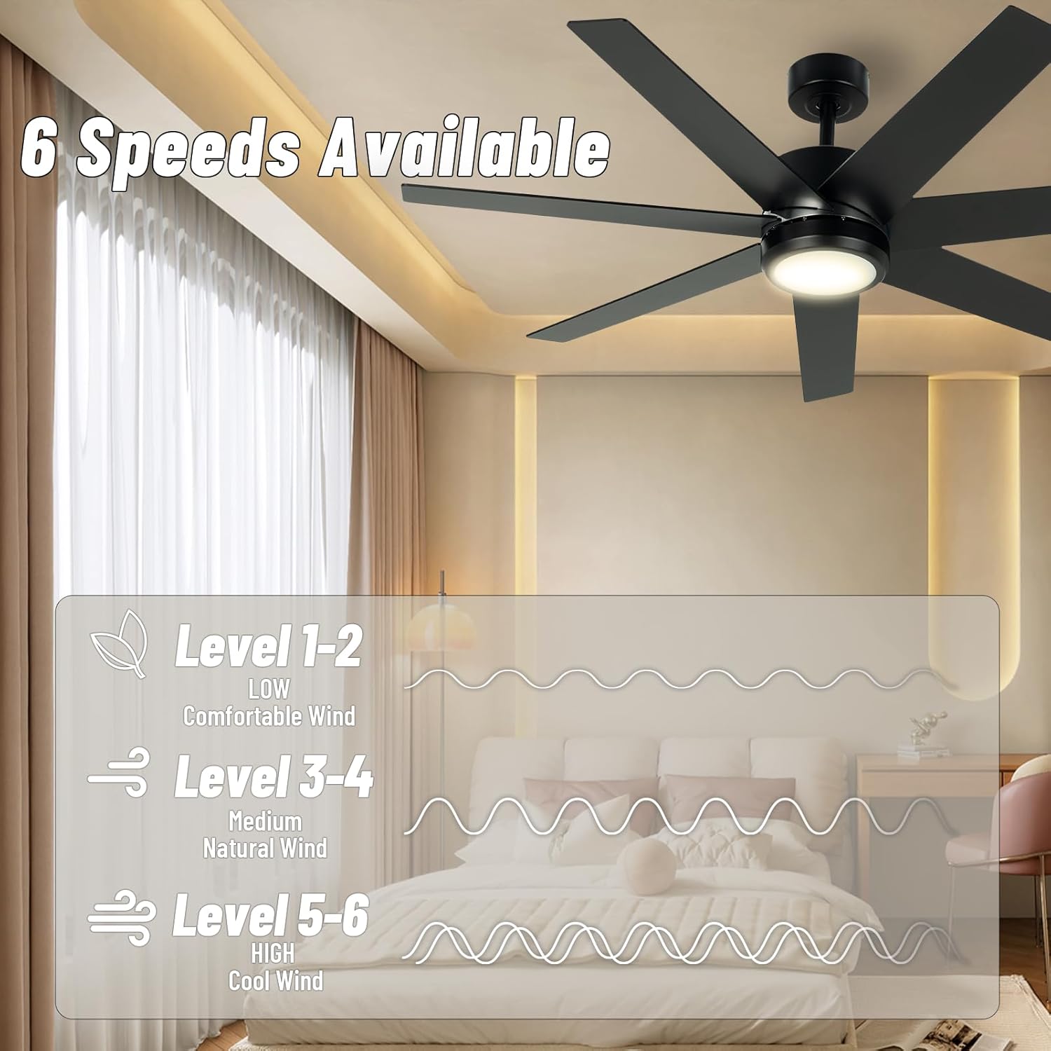 Ventilador de techo 132 cm con luz LED, 7 aspas silenciosas, control remoto, negro mate y acero cepillado 🌬️💡 - Imagen 2