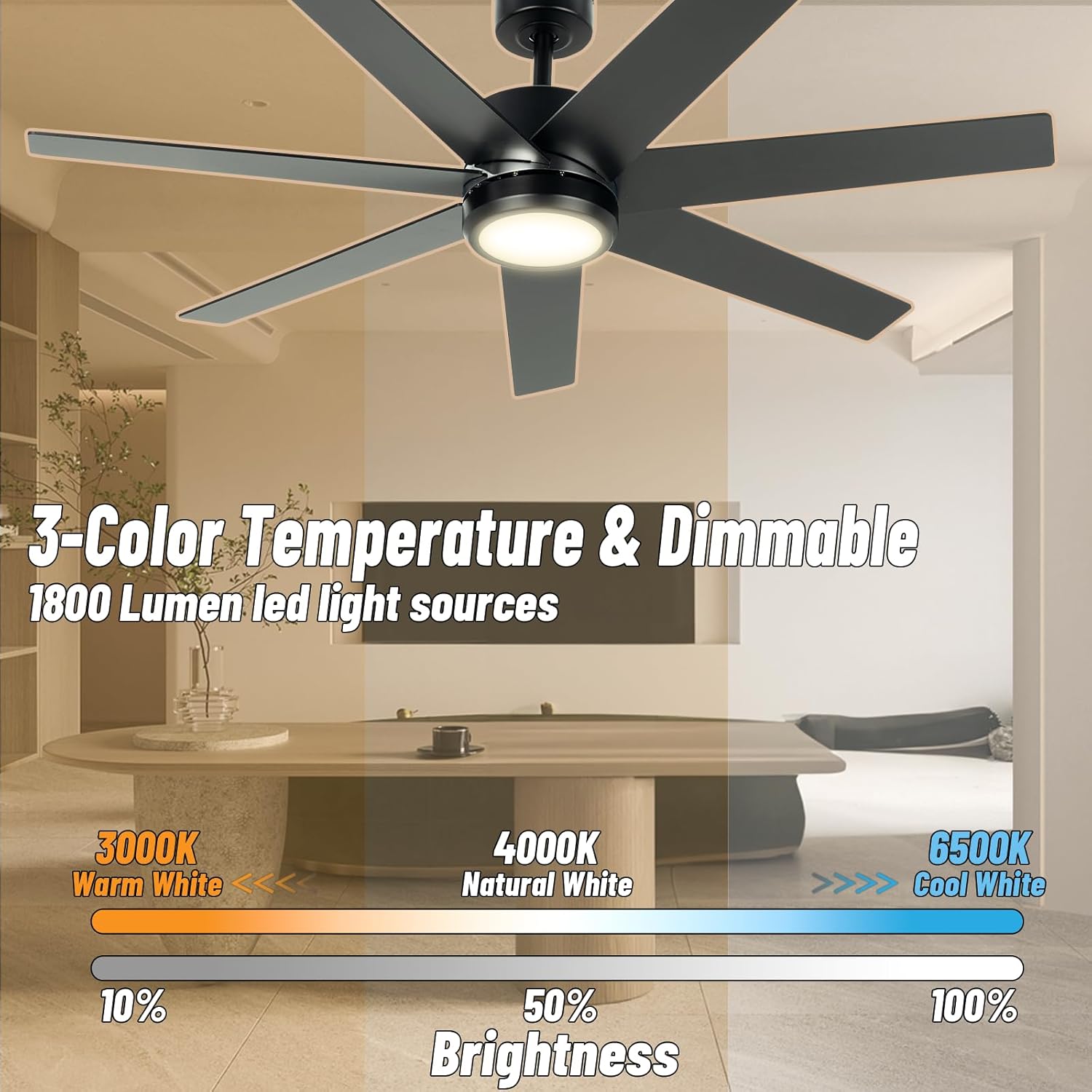 Ventilador de techo 132 cm con luz LED, 7 aspas silenciosas, control remoto, negro mate y acero cepillado 🌬️💡 - Imagen 3