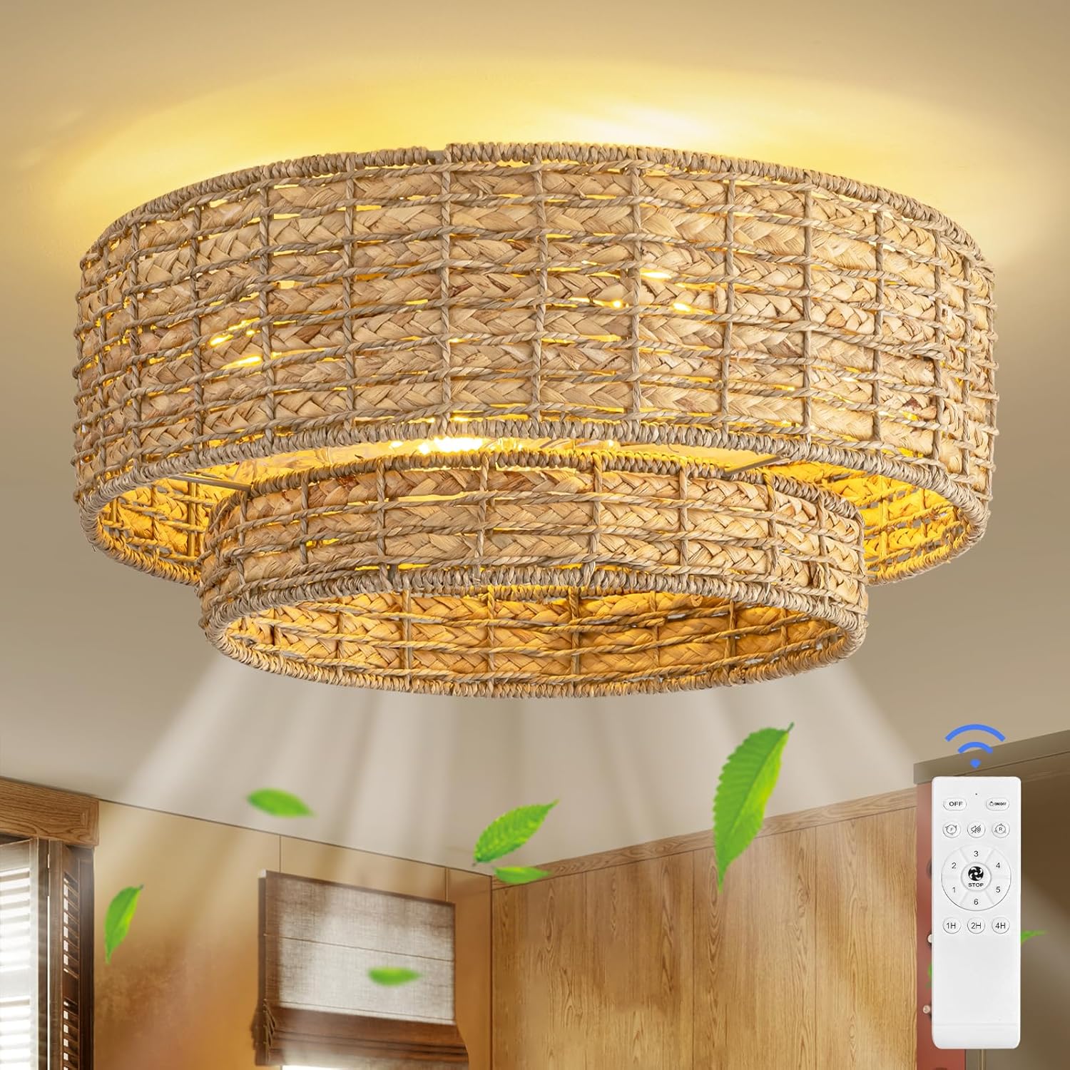 Ventilador de Techo Boho Enrejado con Luz y Control Remoto 🌿💡