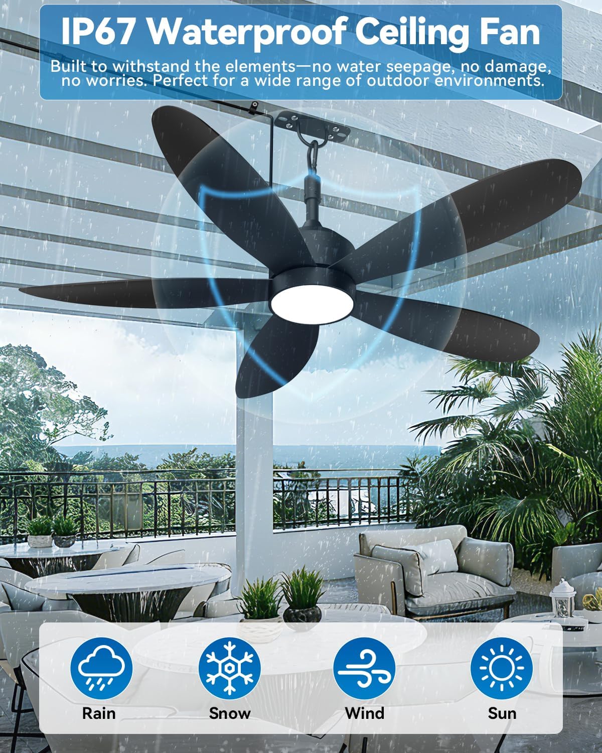 Ventilador de techo exterior 132 cm con luz LED, impermeable IP67, 6 velocidades, control remoto y enchufe, negro para terraza, pérgola o gazebo 🌧️💡 - Imagen 2