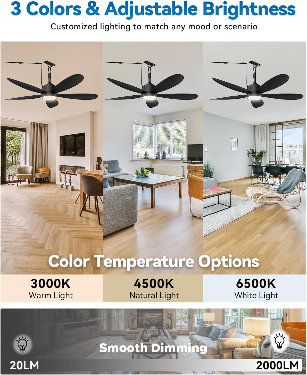 Ventilador de techo exterior 132 cm con luz LED, impermeable IP67, 6 velocidades, control remoto y enchufe, negro para terraza, pérgola o gazebo 🌧️💡 - Imagen 3