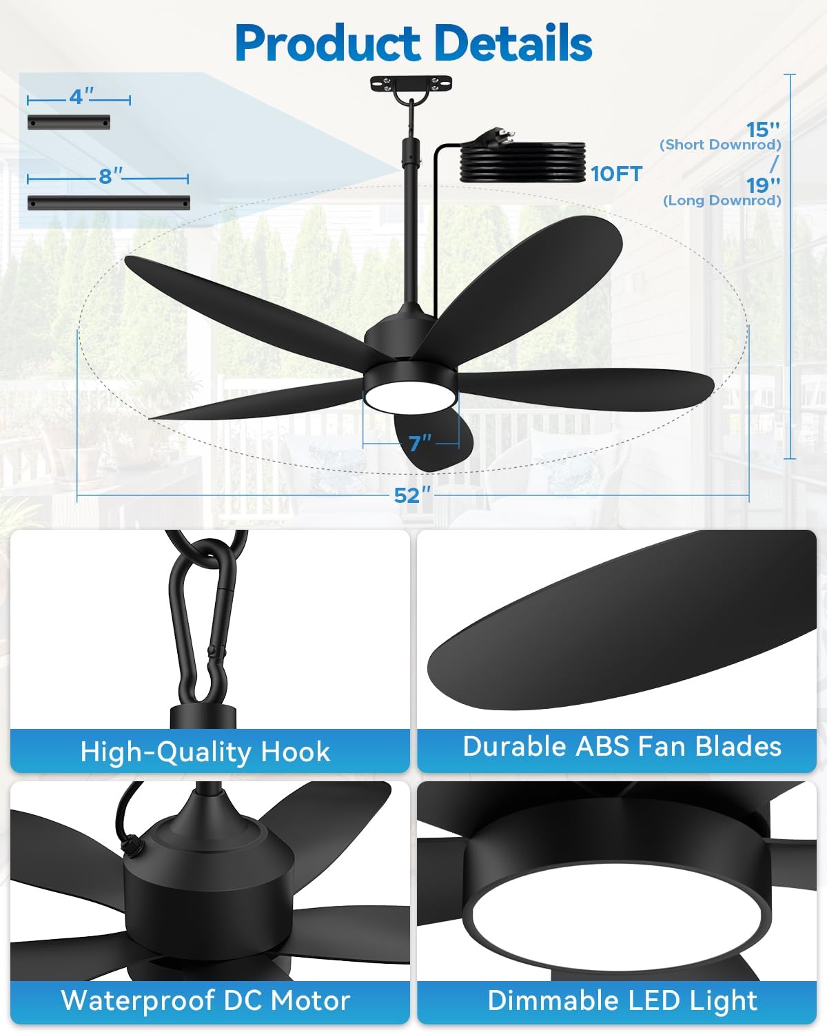 Ventilador de techo exterior 132 cm con luz LED, impermeable IP67, 6 velocidades, control remoto y enchufe, negro para terraza, pérgola o gazebo 🌧️💡 - Imagen 6