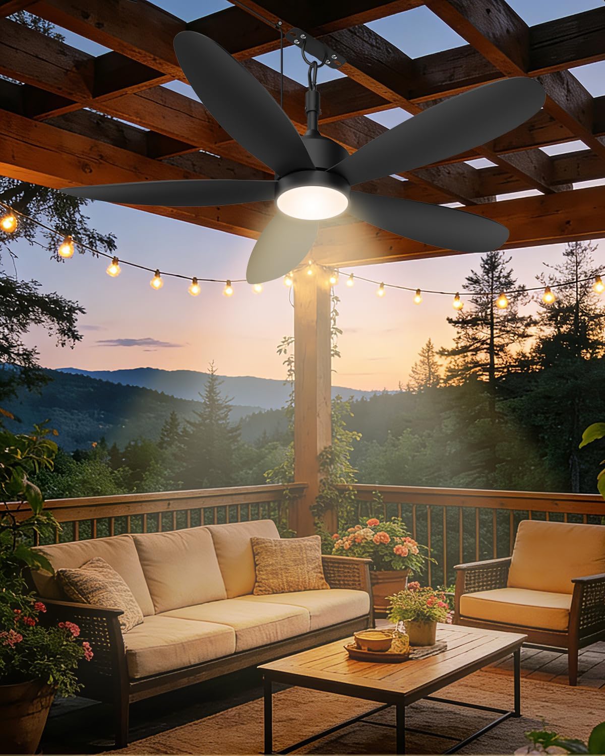 Ventilador de techo exterior 132 cm con luz LED, impermeable IP67, 6 velocidades, control remoto y enchufe, negro para terraza, pérgola o gazebo 🌧️💡 - Imagen 7