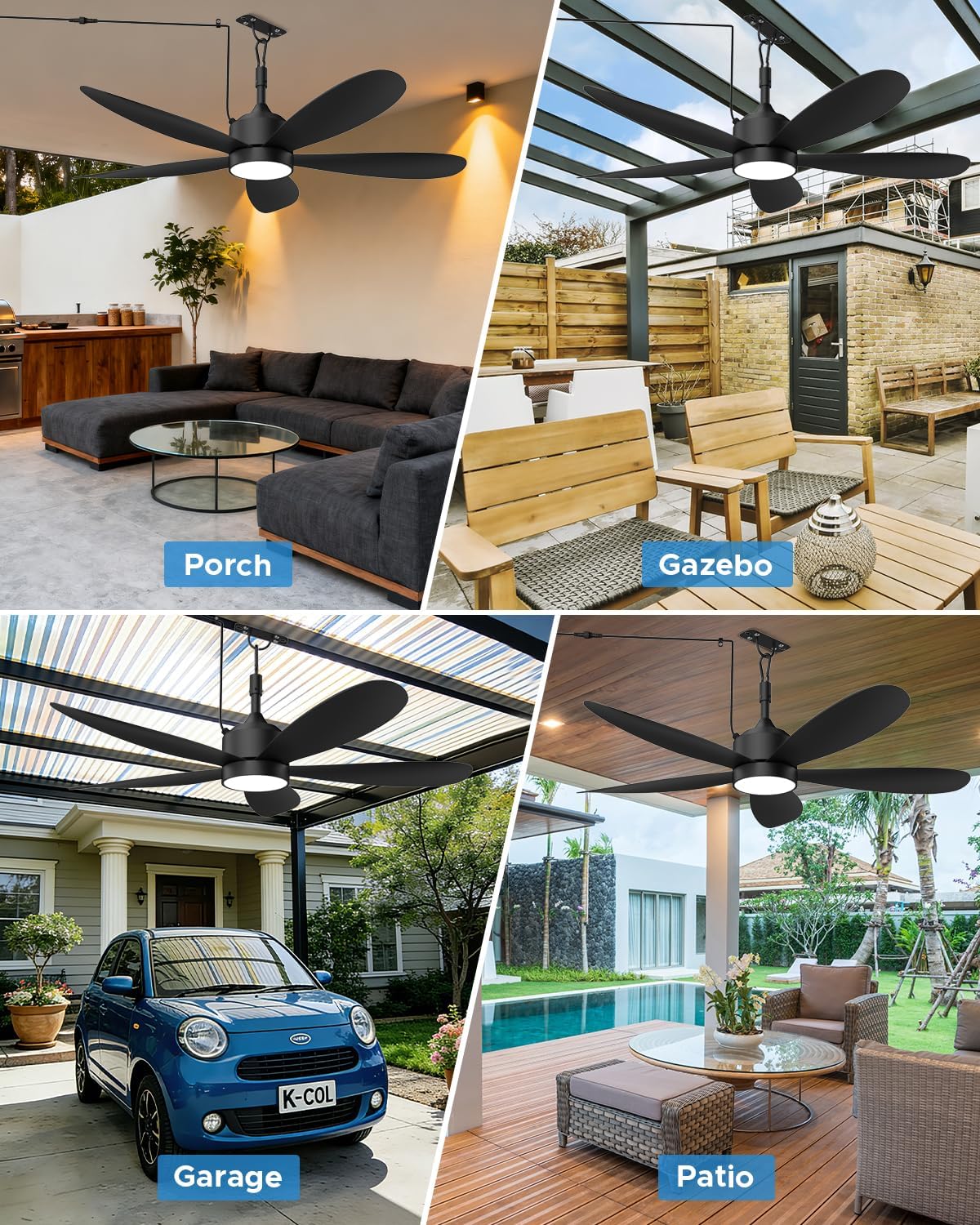 Ventilador de techo exterior 132 cm con luz LED, impermeable IP67, 6 velocidades, control remoto y enchufe, negro para terraza, pérgola o gazebo 🌧️💡 - Imagen 8
