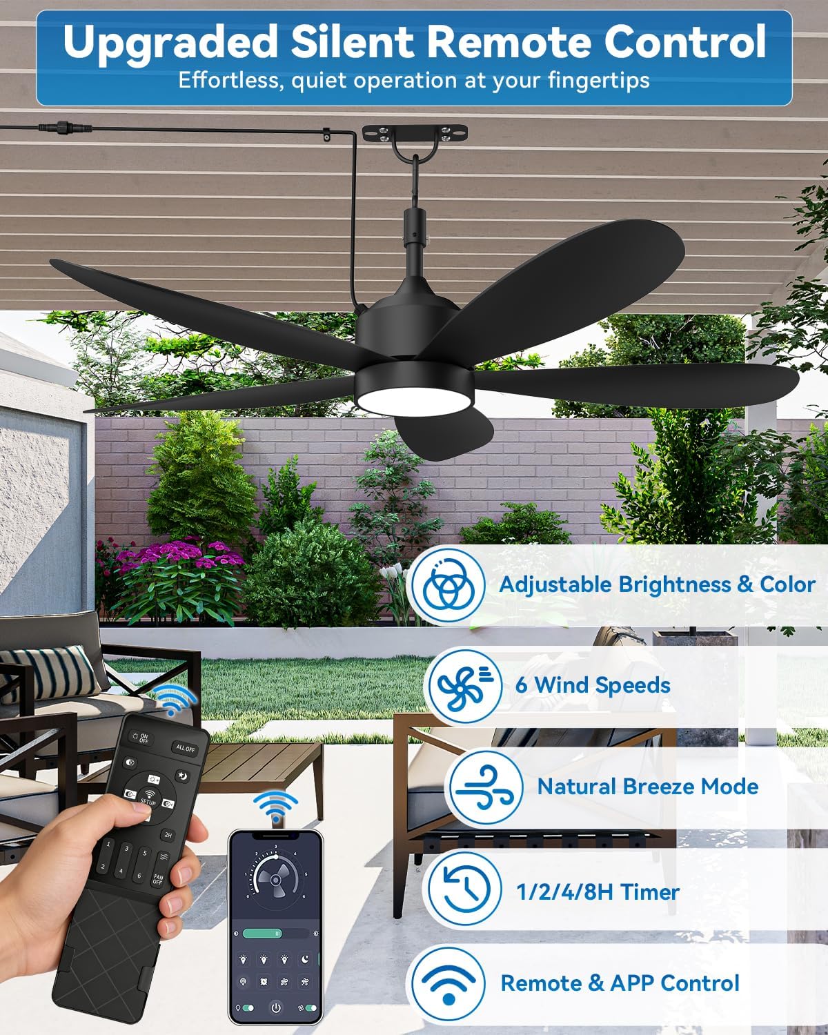 Ventilador de techo exterior 132 cm con luz LED, impermeable IP67, 6 velocidades, control remoto y enchufe, negro para terraza, pérgola o gazebo 🌧️💡 - Imagen 9